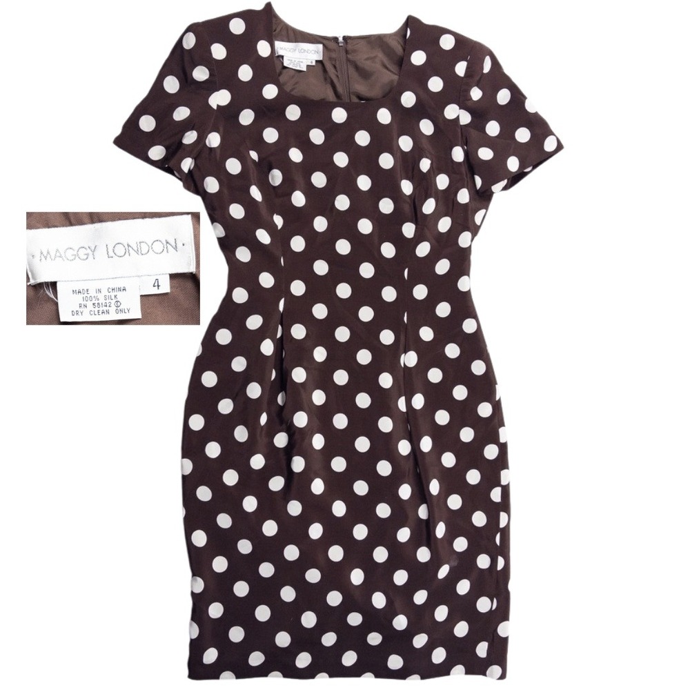 Vintage Retro Silk Dress size 4 Brown Polka Dot Sheath Short Sleeve Maggy London
